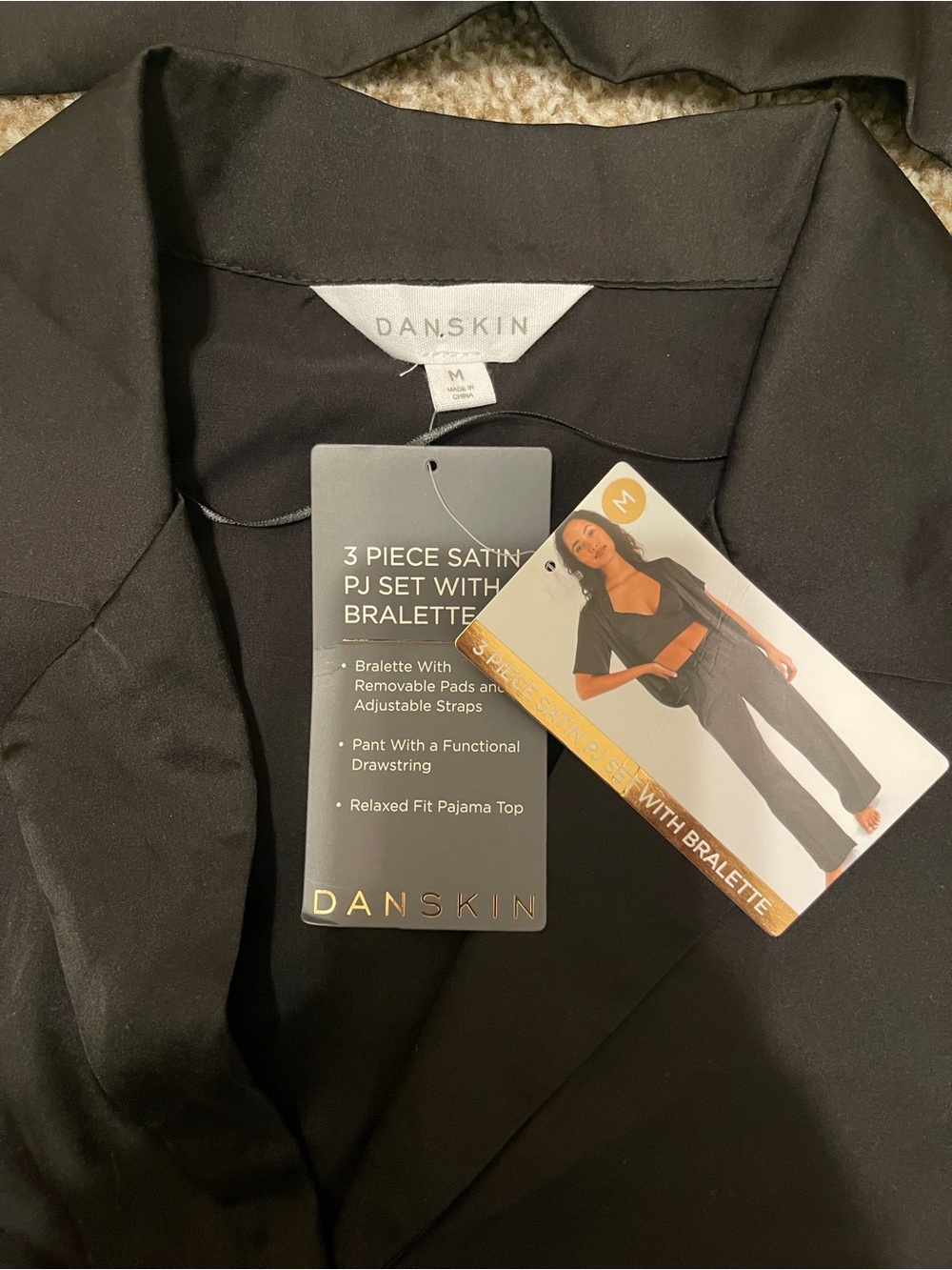 Danskin Black Satin 3-Piece Pajama Set with Bralette - Picture 4 of 4
